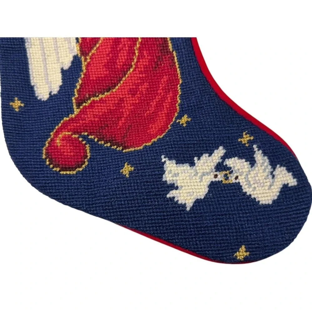 Vintage Wool Needlepoint Christmas Stocking Angel Holiday Petit Point Decor 20
